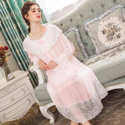 2019 New Autumn Loose Modal Nightdress Women Sweet Lace Girl Sleepwear Nightgown Home Long Sleeves Lingerie Plus Size Mujer