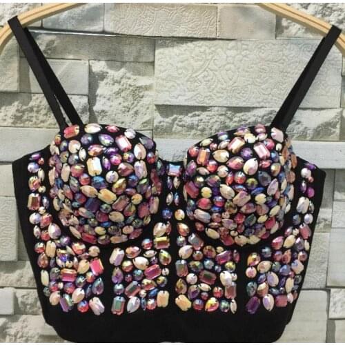 New Plus Size Colorful Rhinestone Bead Pearls Bustier Push Up night clup Bralette Womens Bra Cropped Top Vest w1175