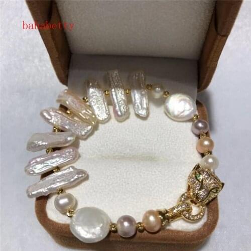 New natural freshwater irregular Alien pearl multicolor Bracelet inlay Leopard head clasp 8inches
