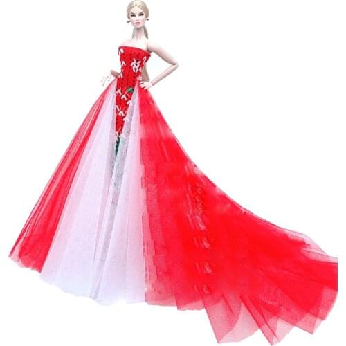 NK 1 Pcs New Style Doll Wedding Dress Special Case Clothes Princess Long Tail Red Lace Skirt Clothing For Barbie Doll Toys DZ