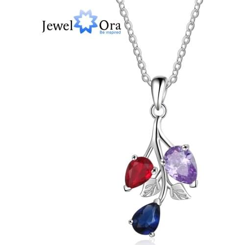 Personalized Leaf Mother Necklace Custom DIY 3 Birthstones Pendant Necklaces for Women Trendy Party Jewelry (JewelOra NE103301)