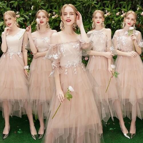 Bridesmaids Dress Illusion Halter Short A-Line Embroidery Knee-Length Lace Tulle Off The Shoulder Women Wedding Party Gown E217