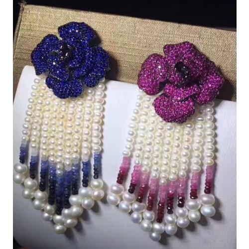 Genuine jewelry real natural fresh water pearl tassels brooch pins 925 silver flower with ruby or emerald fine women jewelry