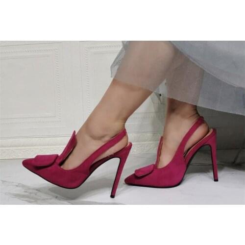 Drop Shipping Woman Fashion Dark Pink Suede Pointed Toe Slingback Slip On Pumps Female Elastic Band Big Pad Shallow Heels Shoes