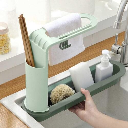 Telescopic Sink Drain Rack Shelf Kitchen Soap Sponge Holder Rag Towel Bar Adjustable Hygienic Storage Basket Household Supplies