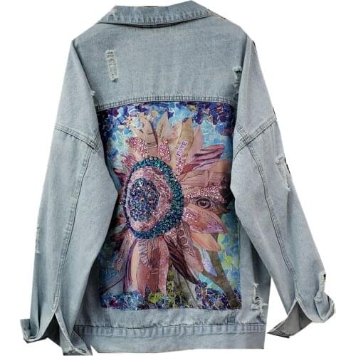 Streetwear Print Womens Denim Jacket Diamond Hole Vintage Jeans Coat Female Spring Autumn Casual Loose Cowboy Outwear tide G979