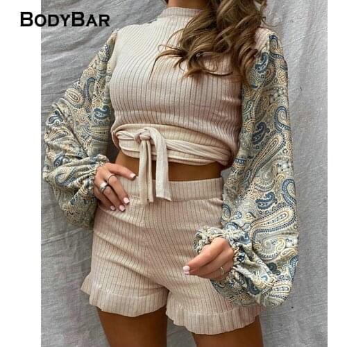 Female 2 Pieces Suit For Party Patchwork Color Round Neck Long Sleeve Pullover+Shorts Knitted Outfits Casual Ladies Winter Sets