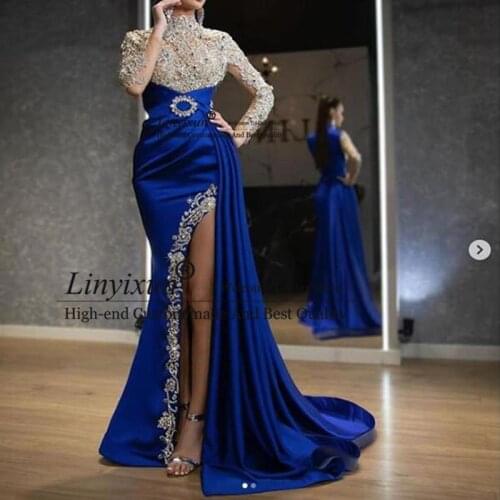 Luxury Royal Blue Prom Dress Mermaid 2021Beads Sequins Long Sleeves Side Split Evening Dresses Dress robe de soiree