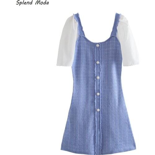 French Vintage Square Collar Plaid Puff Sleeve Slim-Fit Knit Stitching 2021 Women Summer New Dress Chic Fashion Vestido Female