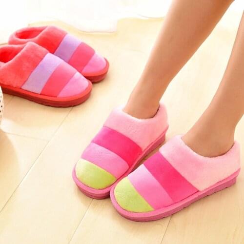Rainbow Striped Winter Slippers Cotton Shoes female Warm Plush Slippers Women New Antiskid Lovely Furry Slippers Month Shoes