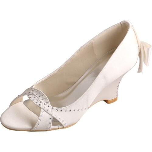 23 Colors) Womens Wedge Heels Ladies Peep Toe Wedding with Crystal Bowtie