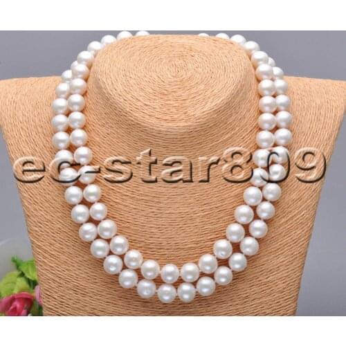 P5591 2row 17" 11mm White Round freshwater pearl Necklace