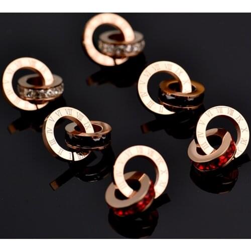 Shiny Cubic Zirconia Roman Numerals Double Circle Stud Earrings Titanium Steel Rose Engagement Wedding Earrings
