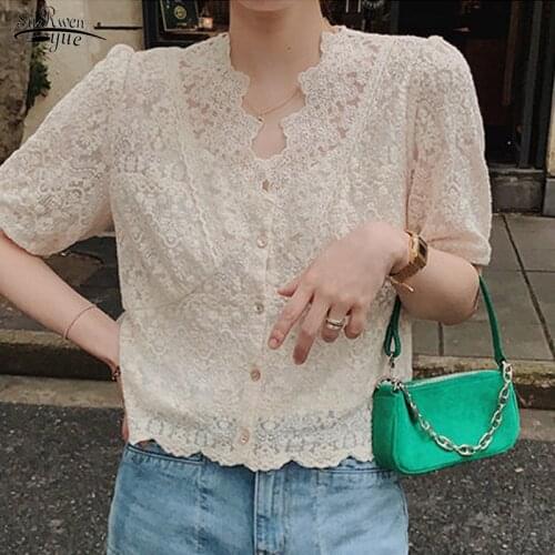 Summer New Chic Hollow V-neck Blouse Women Korean Sweet Short Sleeve Apricot Tops Fashion Floral Loose Ladies Shirt Blusas 13920