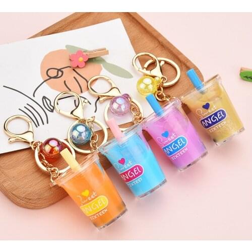 Fashion Pearl milk tea bottle Keyring Quicksand Floating Liquid Key Chain Ring for Women Men Creative Acrylic Key Chains Gifts