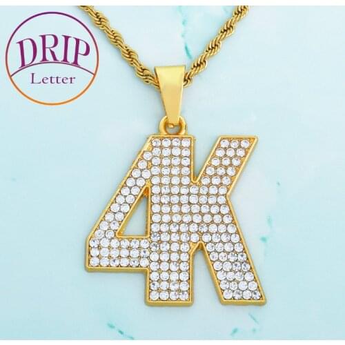 4K Letters Pendant Bling Iced Full Rhinestone Crystal Necklace Gold Color Hip Hop Mens Rock Charm Jewelry Gift Rope Chain