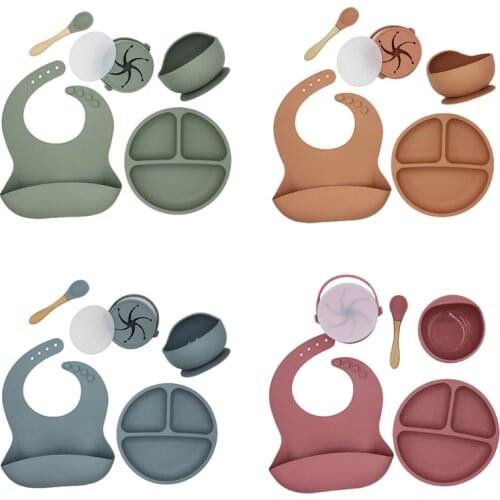 5 Pcs Baby Bibs Drooling Burp Aprons+Suction Dish Bowl+Sucker Dinner Plate+Spoon+Cup Set Silicone Tableware Kit