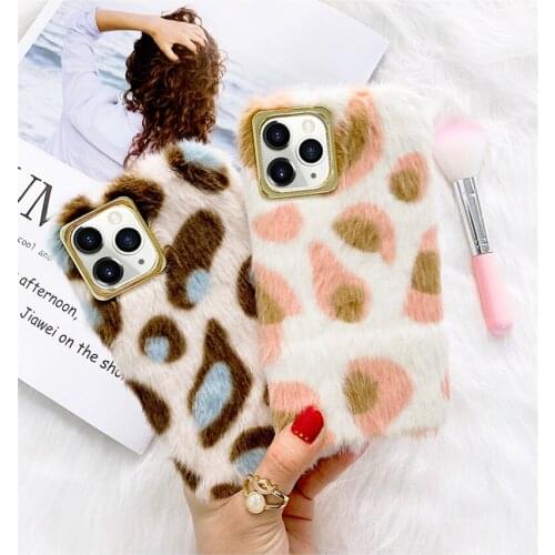 For iPhone 12 Mini 11 Pro Max XS XR X Warm Phone Case Rabbit Fur Fluffy silicone Cover For iPhone 6 6S 7 8 Plus SE Leopard cases