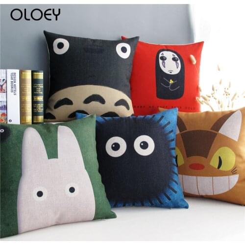 Home Decorative Cushion Cover Pillow Case Japan Hayao Miyazaki Totoro Series Cat Pattern Linen Cotton Cushions Covers 45x45cm