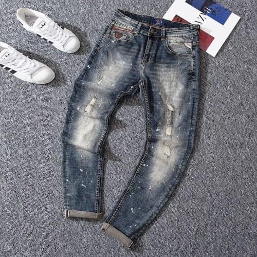 Italian Fashion Men Jeans High Quality Elastic Retro Blue Slim Fit Ripped Jeans Men Dirty Washed Painted Designer Denim Pants