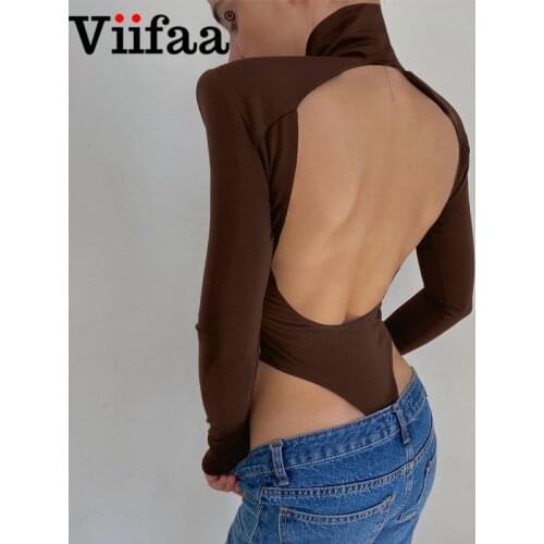 Viifaa High Neck Backless Party Elegant Shoulder Pad Skinny Bodysuit Women Winter Long Sleeve Thumb Holes Sexy Bodys