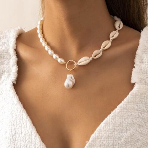 European and American simple ocean shell stitching ins fashion holiday single layer imitation pearl round bead chain necklace