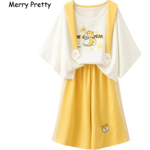 Merry Pretty harajuku sailor collar sweet white t-shirt yellow wide leg pants 2 piece set women spring summer clothing set girl