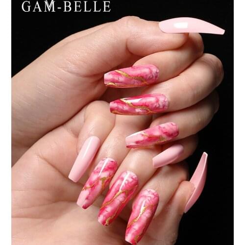 GAM-BELLE Pink Blooming Marble Pattern False Nails French Long Ballerina Full Acrylic Nail Tips Press On Nails Manicure Tool