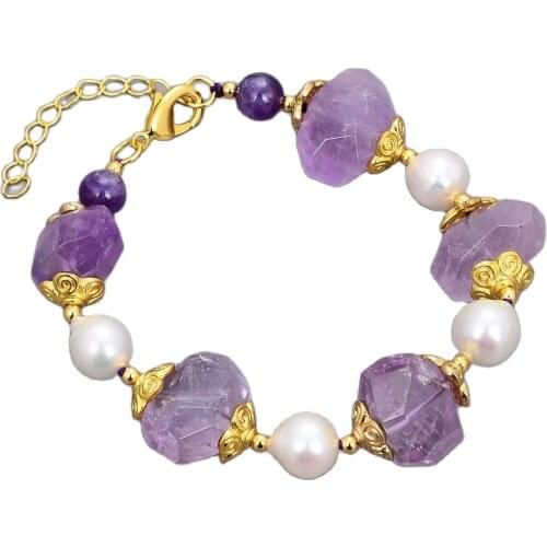 JK Cultured White Keshi Pearl Purple Amethyst Quartz Bracelet For Women