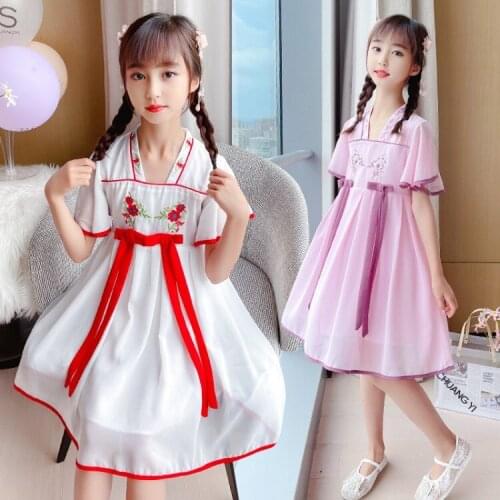 2021 Summer Kids Clothes Chinese Style Hanfu Improved Girls Princess Embroidery Dress 4-10 Years Old Children Wear