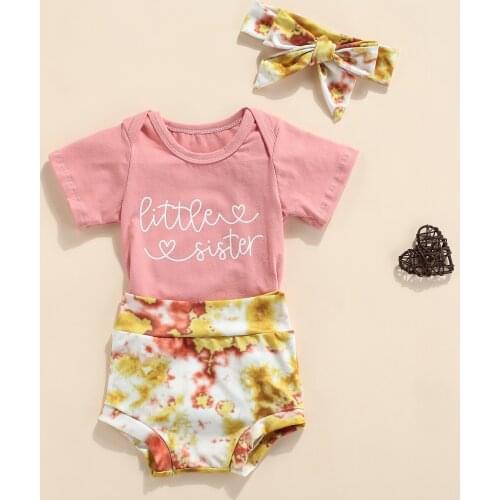 Baby Summer Clothing 3PCS Newborn Baby Girl Letter Short Sleeve Romper Tops Tie-dye Printed Shorts Headband Cotton Outfit