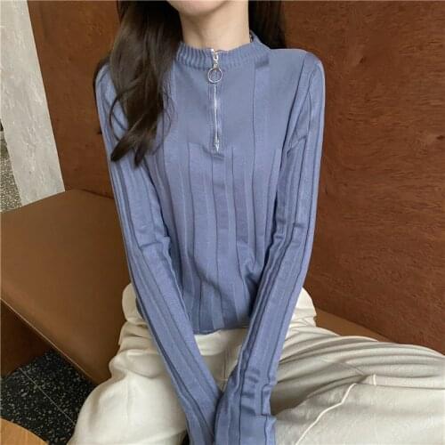 Harteen Spring Autumn Fashionable Long Sleeves Womens Clothes All Match Knit Sweater Zippers Solid O-Neck Office Lady Femme Top