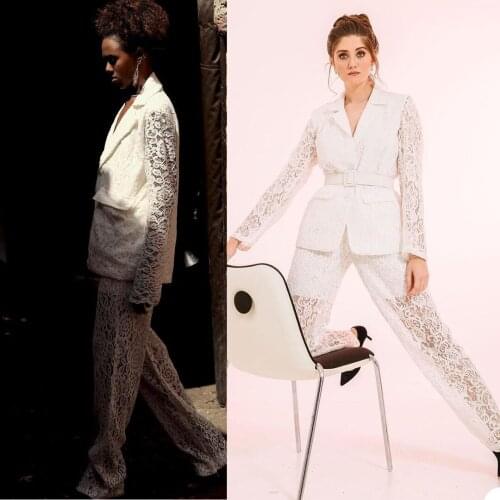 Fashion Lace Women Suits With Belt Illusion Bridal Party Prom Tuxedos Blazer Red Carpet Leisure Outfit Suit(Jacket+Pants)