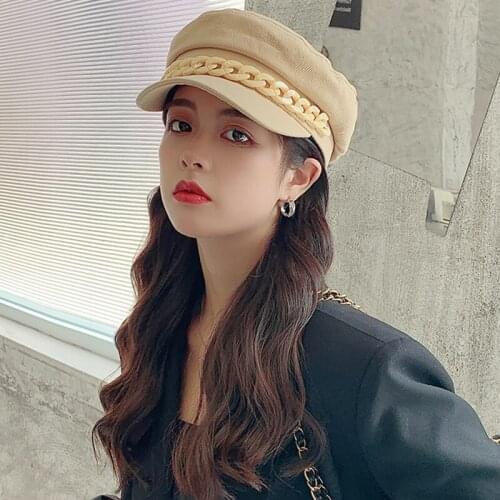 Fashion Artist PU Beret Female British Chain Octagonal Hat for Women Casual Cap Retro Beanie Caps