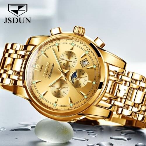 JSDUN 2021 Mens Automatic Mechanical Multi-function Watch Moon Phase Stainless Steel Waterproof Mens Watch Reloj de hombre