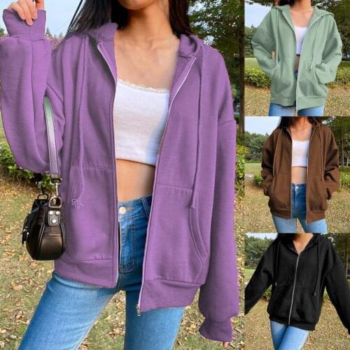 Autumn Winter Simple Hooded Zipper Drawtring Sweatshirt Women Coat All Match for Office