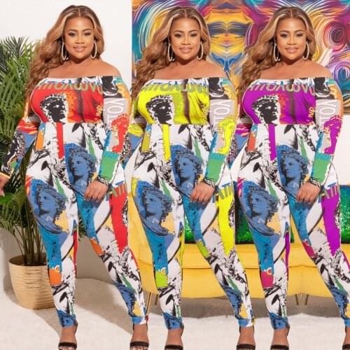 ZKYZWX Sexy Off Shoulder Vintage Jumpsuit Print Long Sleeve Fall Outfits for Women Plus Size Clothing One Piece Party Rompers