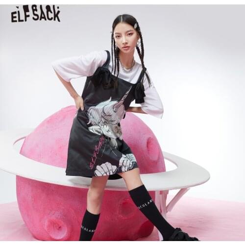 ELFSACK Harajuku Cartoon High Waist Casual Vintage Slip Dresses Women 2021 Spring LetterEmbroidery Ladies Daily Summer Dress