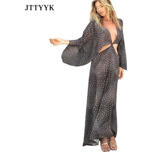 Printed Long backless Sexy Dresses Summer 2021 Ladies Long Sleeve Bohemia Dress V-neck Hollow Out Casual Maxi Dress For Women