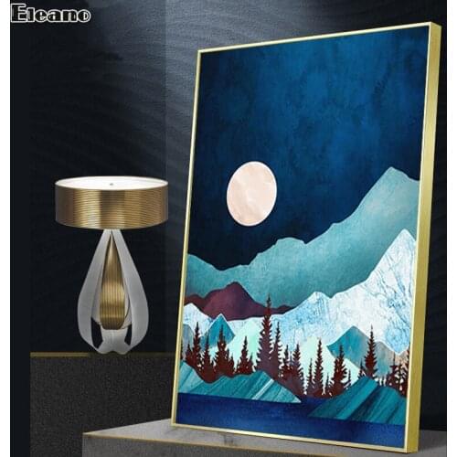 Blue Gold Luxury Canvas Painting Sun and Mountain Abstract Art Landscape Poster Wall Art Canvas Picture Aesthetic Room Decor