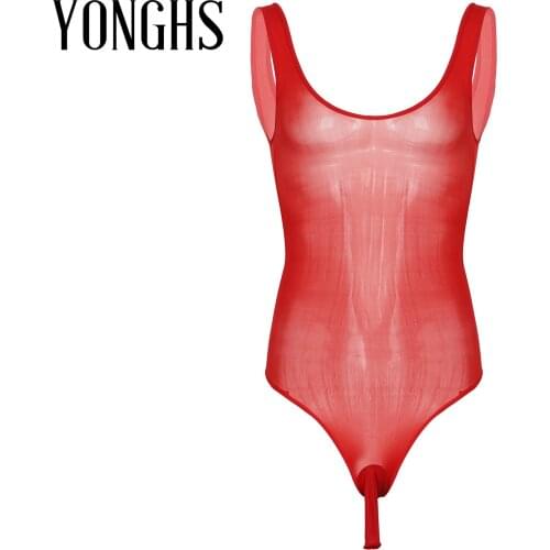 Sexy Mens Sissy Lingerie Leotard Bodysuit Transparent Sleepwear Nightwear Scoop Neck See-Through Open Bulge Pouch Bodysuit