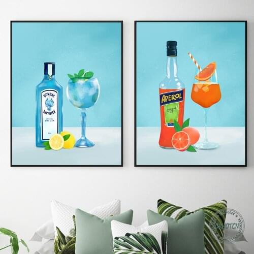 Modern Blue Background Mint Lemon Grapefruit Cocktails Poster and Print Goblet Wine Bottle Canvas Painting Kitchen Bar Decor