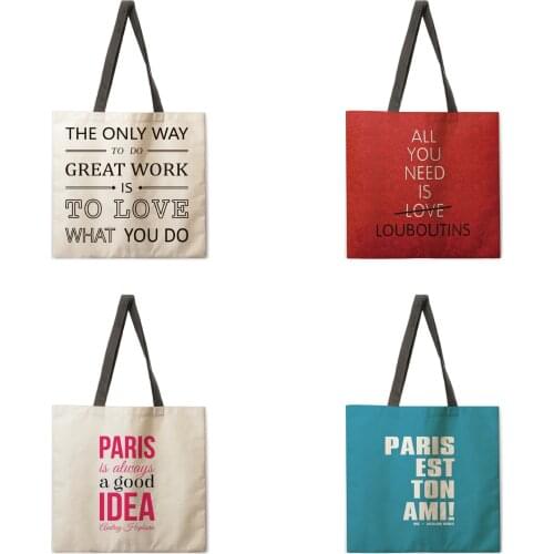 Monogram tote bag reusable beach bag linen fabric casual tote bag ladies one-shoulder foldable shopping bag