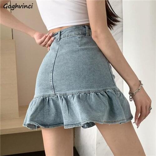 Sexy Irregular Ruffles Denim Skirts Women Summer Slim Students Leisure High Waist Design A-line Mini Skirt Female Preppy Elegant