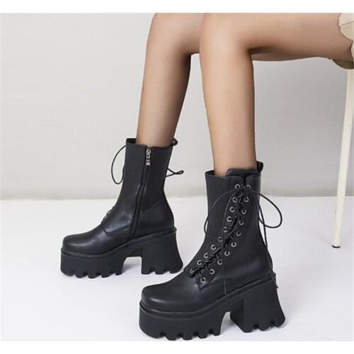 PXELENA Drop Ship Women Combat Punk Gothic Martin Boots 2021 Winter Plus Size 35-43 Shoes Lady Chunky Block High Heels Platform