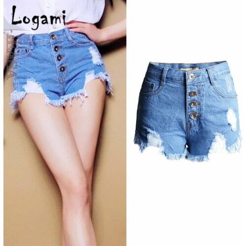 LOGAMI High Waist Ripped Denim Shorts Women Button Sexy Summer Short Femme Ete 2018