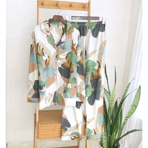 Leaf Printed Womens Pajamas Set Spring Summer Cotton Long Sleeve Nighties Female Homewear Plus Size Casual Sleepwear Two-pieces