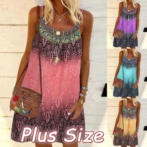 Summer Bohemian Dress Women Vintage Printed Spaghetti Strap Sundress Lady Casual Loose Sleeveless Mini Vestidos Beach Dress 2021