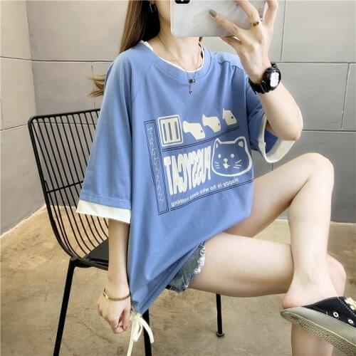 2021 Trendy Summer plus Size Womens Clothing Girls Fresh Style Fat Sister Slimming Top T-shirt with Short Sleeves