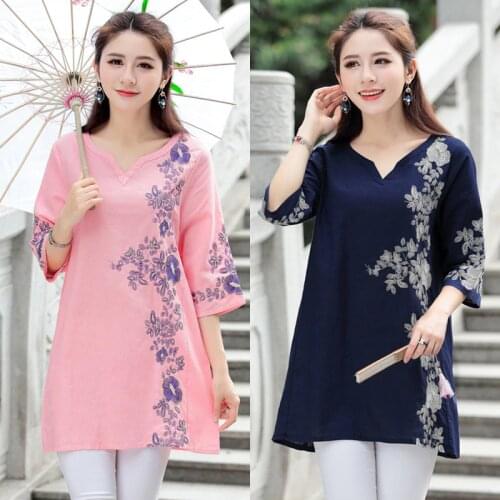 2021 New Summer Ethnic Retro Floral Embroidered Cotton V-neck Boho Three Quarter Sleeve Blouse Vintage Tops Femininas Blusa